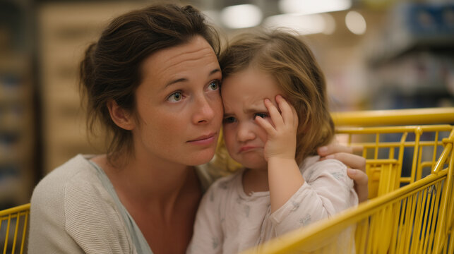 Toddler in a grocery cart reaches up to wipe a tear from her exhausted mother's cheek, mother managing a moment of raw emotion mid-aisle, single parent vulnerability, child instinct care, emotional 