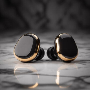 A pair of sleek and modern wireless earbuds with gold accents on a marble surface