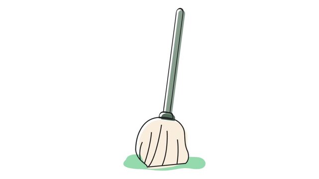 Simple cartoon illustration of a mop standing upright, with its white cloth head resting on a green surface