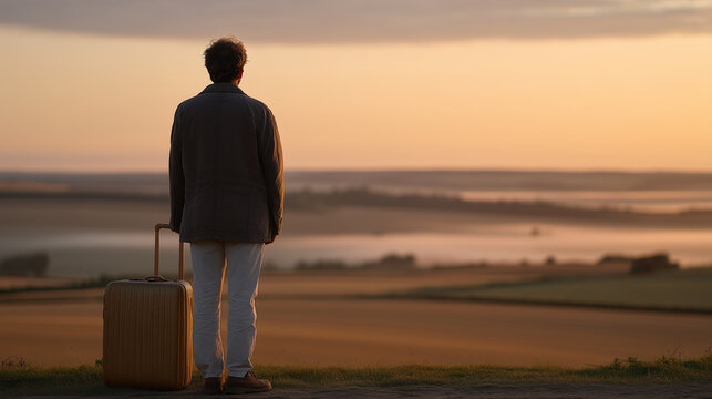 Man in his late 40s standing at edge of rural field at sunrise, back to viewer, one suitcase beside him, reinvention, midlife fresh start, leaving career behind, open landscape, spring morning fog, 