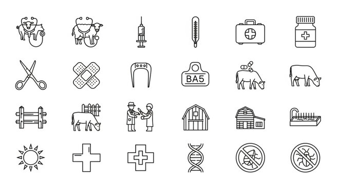 Veterinary and agricultural tools and symbols for animal health and care.