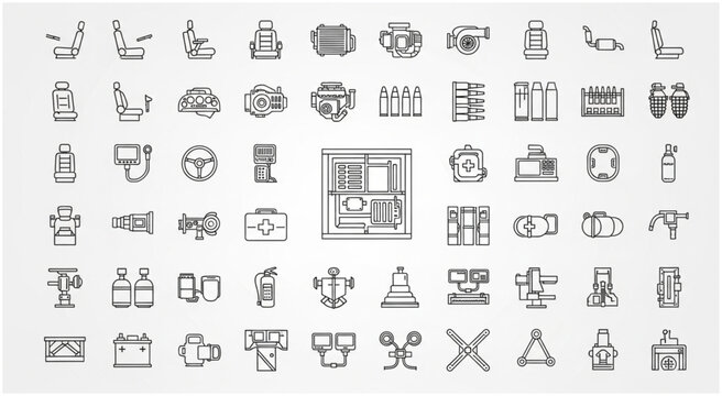 Collection of various car parts and components in outline style for design.