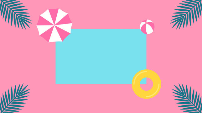 Bright tropical-themed banner featuring a blue central panel, pinwheel, lifebuoy, and palm leaves on a pink background.
