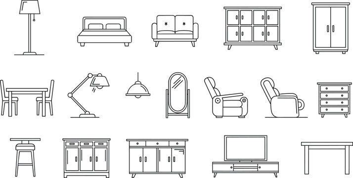 Household furniture line drawings living room bedroom dining kitchen interior design icons sofa bed lamp cabinet decor vector