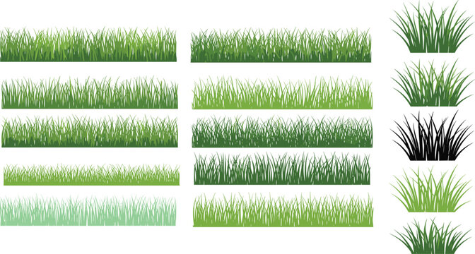 Green grass patches silhouettes meadow plants nature illustration blades tufts vegetation eco design landscape vector background collection set