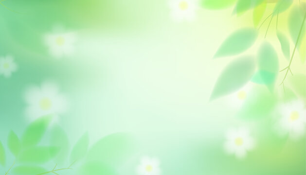 Pastel turquoise‑green gradient background with abstract leaf blur effect, soft summer sunlight, blurry white floral elements and natural botanical vector illustration