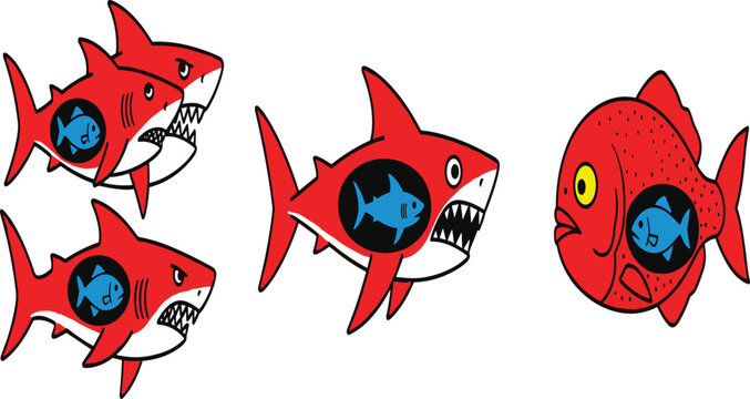 Red Cartoon Sharks and Fish with Aggressive Expressions &ndash; Clipart Set