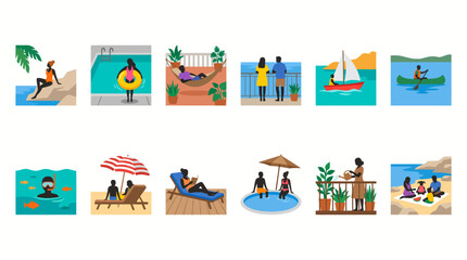 Fototapeta premium Collection of tropical vacation scenes featuring beaches, palm trees, boats, umbrellas, and seaside leisure activities.