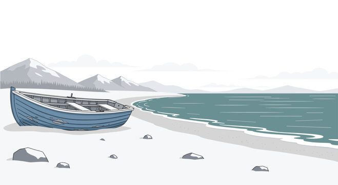 A weathered blue rowboat rests peacefully on a pristine sandy beach under a cloudy sky with majestic mountains and calm sea water in the distance.
