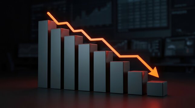 A 3D rendered bar chart with an orange arrow depicting a clear downward financial trend against a dark background of data screens