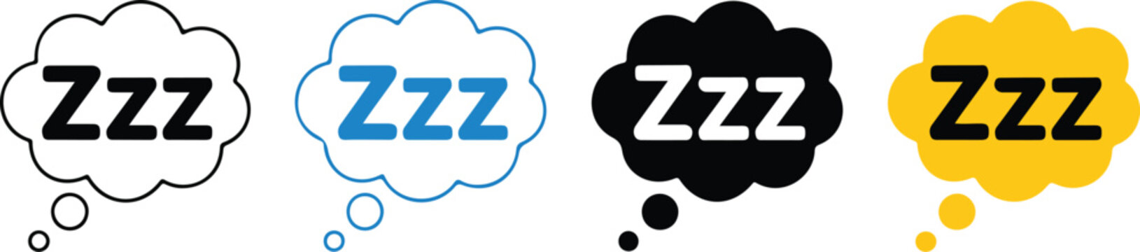 Sleep zzz thought bubble icon set with four colorful dream symbols isolated on white background for bedtime relaxation health and rest concept.