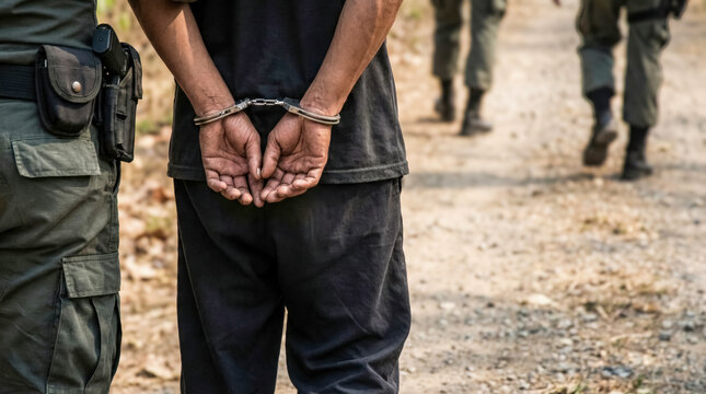 Handcuffed detainee under police escort, migrant detention and deportation concept. 