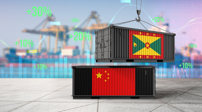 Global Trade: The image depicts two shipping containers, one emblazoned with the flag of Grenada and the other with the flag of China, illustrating international commerce and economic exchange.