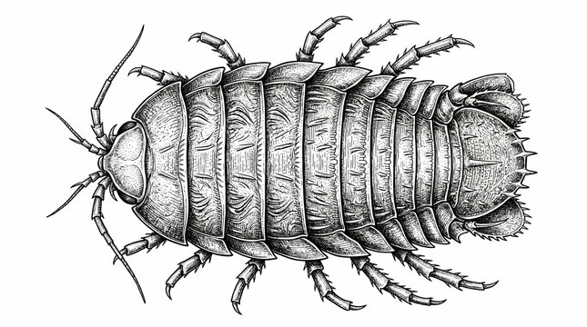 Detailed black and white illustration of deep sea giant isopod on white background
