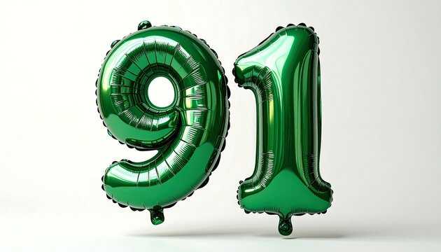 Close-up of glossy, emerald green foil balloons shaped like the numbers 91, arranged against a bright, clean, off-white backdrop