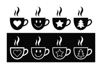 Obraz premium Set of Four Steaming Coffee Cups with Festive and Smiley Face