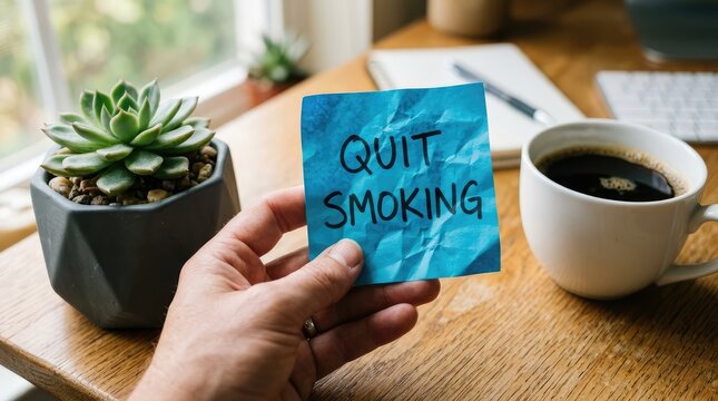 A hand holds a blue sticky note with a Quit Smoking message on a wooden desk beside a coffee cup