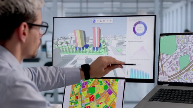 GIS Specialist Studies Urban Property Maps On Computer