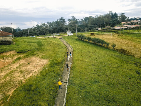 Aerial view of a winding concrete path cutting through lush green fields, guiding a small group of people towards distant homes under a soft sky, Obudu, Cross River, Nigeria.