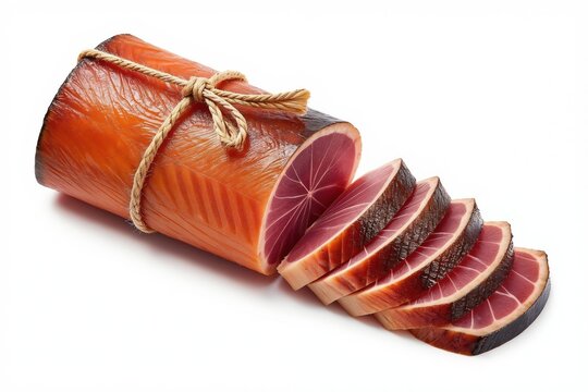 Smoked albacore tuna log with twine tied around it. Several red pink fish slices are cut and arranged next to the whole piece isolated on white. Healthy protein snack, rich in omega 3 fatty acids.