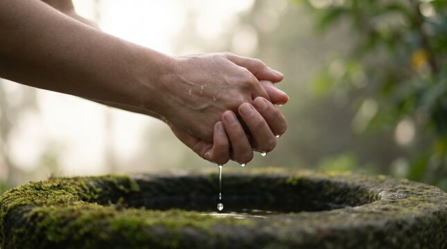female hands clasped wet closeup, water dripping detail, calm aesthetic