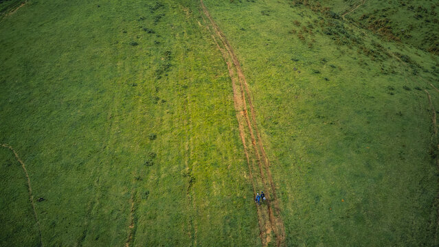 Aerial view of a solitary figure traversing winding earthen trails across lush emerald slopes, Obudu, Cross River, Nigeria.
