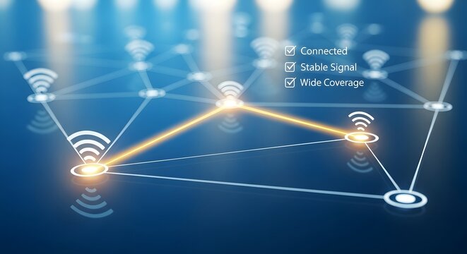 Wireless signal nodes form a connected network to visualize stable communication and wide coverage areas.