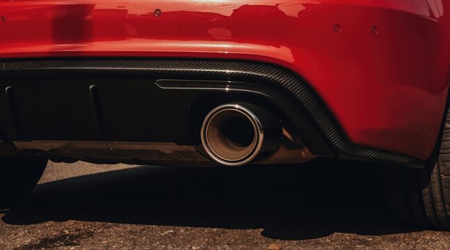 Red auto rear bumper shows shiny chrome exhaust pipe and carbon fiber trim. Vehicle details include parking sensors and tire. Close up shot of auto part.