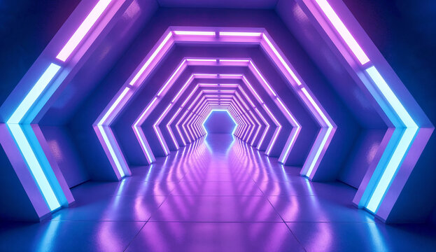 A long futuristic octagonal corridor with blue and purple neon arches.
