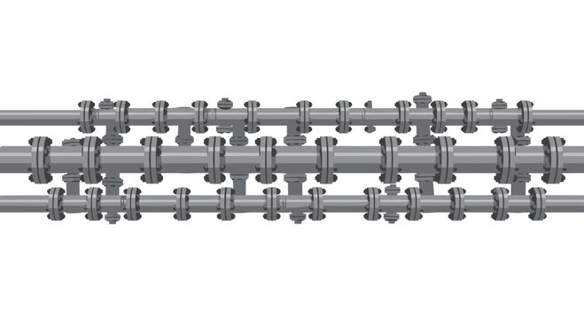Three parallel grey industrial pipes feature a series of meticulously bolted flange connections that provide a robust and secure transport system for fluids.