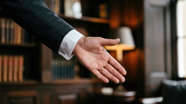 A mans arm in a suit with cufflinks and a ring offers his open hand in a classic library setting