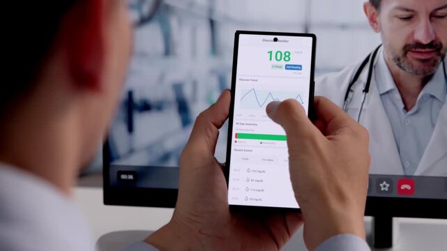 Man Checking Continuous Glucose Sensor During Telemedicine Video Call