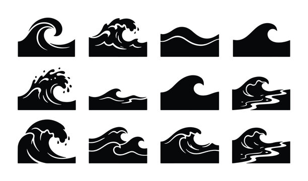 Set of 12 Black Silhouette Ocean Waves, Dynamic Sea Water Forms, Coastal Marine Elements, Vector Graphics for Design