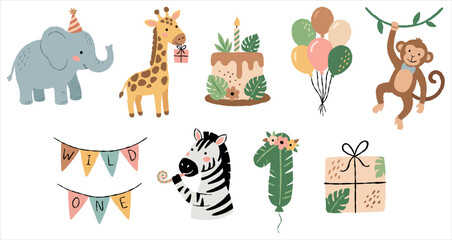 Fototapeta premium A 1st birthday safari party set. Cute animal clipart with balloons. Baby jungle milestone celebration