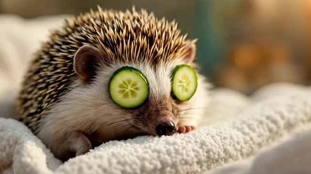 A cute hedgehog resting with cucumber slices over its eyes.