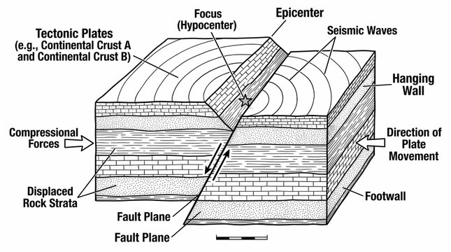 3d diagram of tectonic plate movement causing earthquake seismic waves