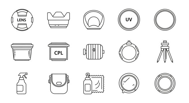 Collection of various photography equipment and accessories, all outlined.