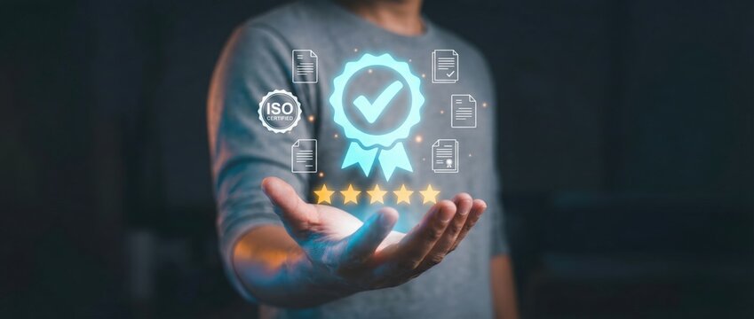 Certifying quality standards iso compliance achievement in business digital environment visual representation professional perspective