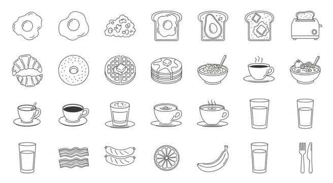 Collection of breakfast food and drink items in simple line art style.