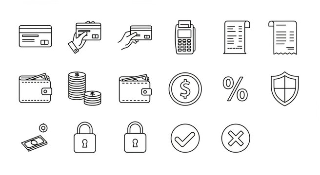 Collection of financial icons representing various payment methods and security measures.