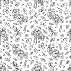 Fototapeta premium Seamless pattern with hand drawn hazelnut painted by black inks. Nuts, leaves and catkins vector isolated ornate. Repeating illustration for healthy food packaging, textile design or fabric printing