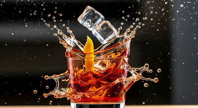 Brown cocktail splash with ice cubes.