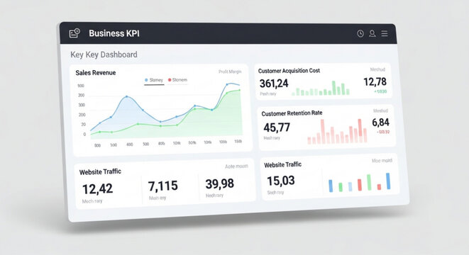 A vector graphic illustration of a business KPI dashboard on a computer screen showing various charts and graphs