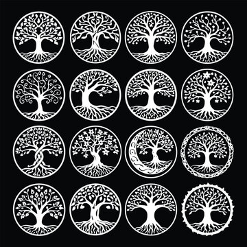 Circular tree silhouettes,
Minimal tree art design,
Black and white trees,
Nature in contrast,
Simple tree forms,
Sharp tree silhouettes,
Elegant tree circle art,
Modern tree design,