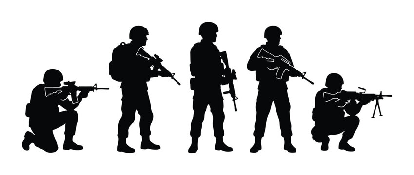 Military Soldiers Silhouette Collection, Armed Forces Figures, Combat Ready Poses, Tactical Gear Vector Set, Infantry Warfare Icons