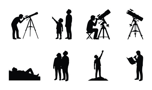 Astronomy Icons Set, Silhouette Figures Observing Stars with Telescopes and Looking Up, Science and Exploration Vector Graphics for Education and Discovery