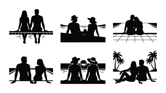 Couple Silhouettes Vector Pack: Romantic Pairs by Poolside, Beach, and Water Views, 6 Unique Poses for Lifestyle and Romance Graphics