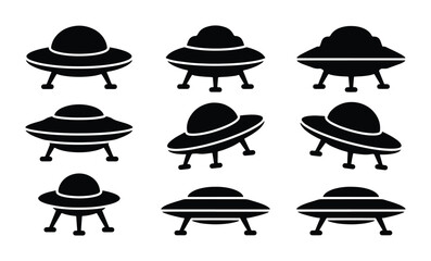 Set of 9 Black UFO Icons, Flying Saucer Vector Graphics, Alien Spaceship Symbols, Sci-Fi Technology Illustrations for Extraterrestrial Themes © Jasim