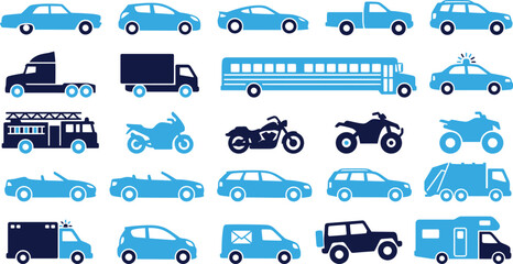Collection of various vehicle icons representing cars trucks buses motorcycles and emergency vehicles. © BM