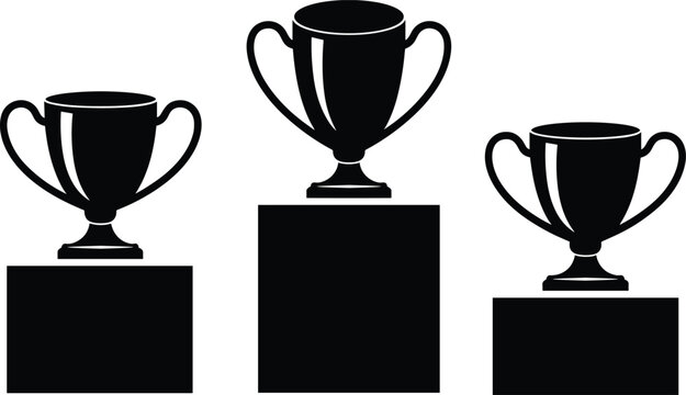 Golden trophy cups on podiums symbolizing victory, achievement, competition, ranking, success, sports awards, championship celebration, first second third place